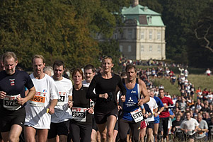 The runners at approx 10 km with the Eremitage Castle in the background, Dyrehaven, Denmark.