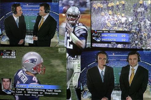 Superbowl XXXVIII. Photographs from TV2. Presenters Jimmy Bøjgaard and Claus Elming. Click for larger image.