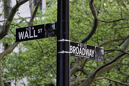 Street signs on the corner of Broadway and Wall Street, New York (USA)